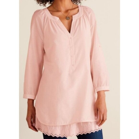 Soft Surroundings Teresa Silk Blend Light Pink Tunic Blouse Embroidered Hem L - Picture 1 of 12